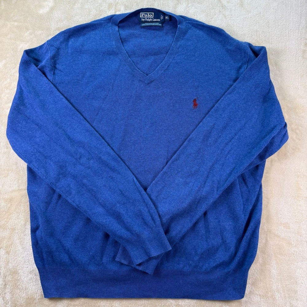 Polo Ralph Lauren Mens V Neck Sweater‎ Pima Cotton Blue Pullover XL